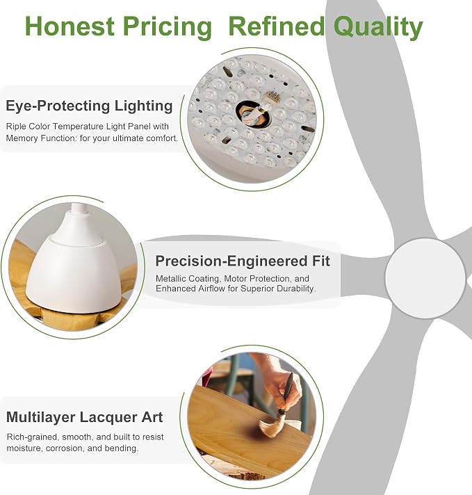 52 Inch Solid Wood Ceiling Fans With Lights, Remote Control, Dimmable, Reversible, Wood Blades, Power-Off Memory, Quiet DC