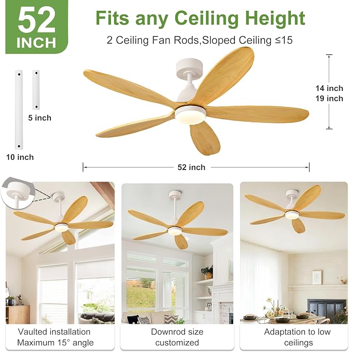 52 Inch Solid Wood Ceiling Fans With Lights, Remote Control, Dimmable, Reversible, Wood Blades, Power-Off Memory, Quiet DC