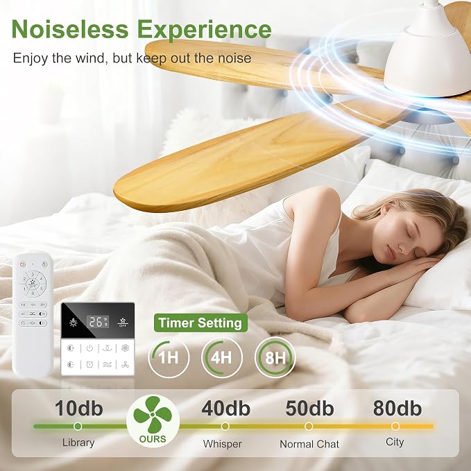 52 Inch Solid Wood Ceiling Fans With Lights, Remote Control, Dimmable, Reversible, Wood Blades, Power-Off Memory, Quiet DC