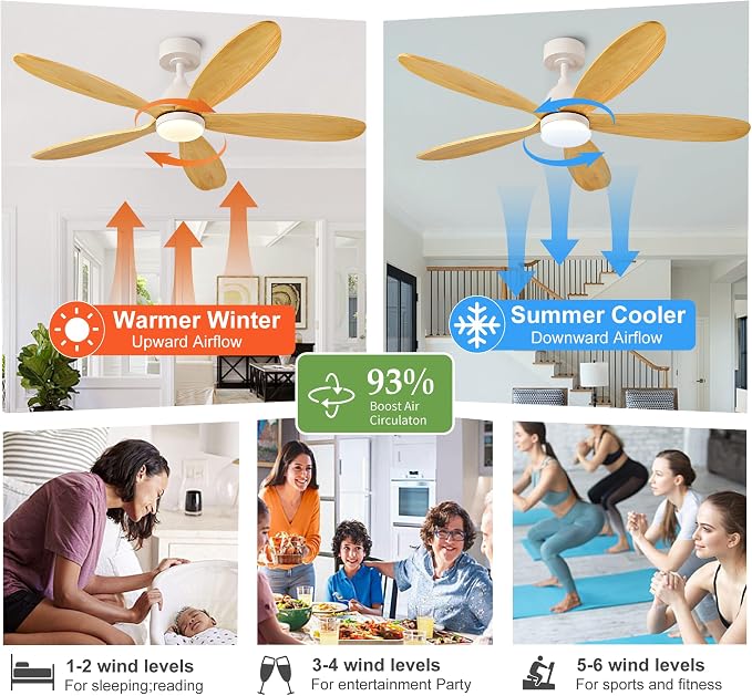 52 Inch Solid Wood Ceiling Fans With Lights, Remote Control, Dimmable, Reversible, Wood Blades, Power-Off Memory, Quiet DC