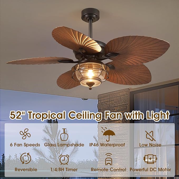 52 Inch Tropical Ceiling Fans with Lights and Remote, Palm Leaf Waterproof Outdoor Ceiling Fan for Patios Porches Gazebos