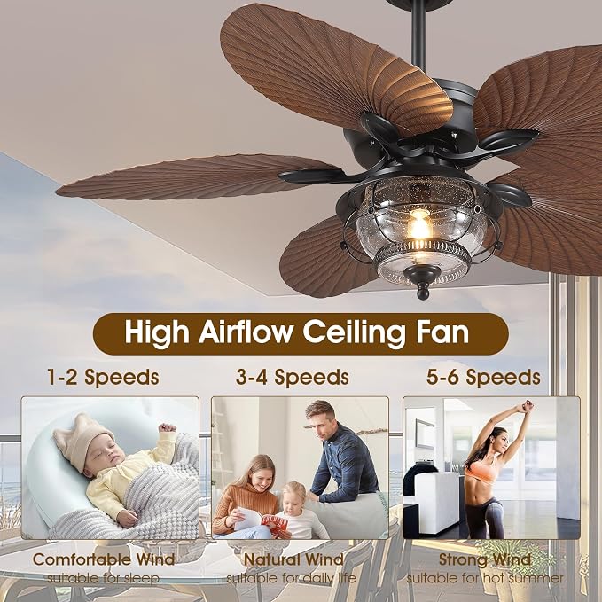 52 Inch Tropical Ceiling Fans with Lights and Remote, Palm Leaf Waterproof Outdoor Ceiling Fan for Patios Porches Gazebos