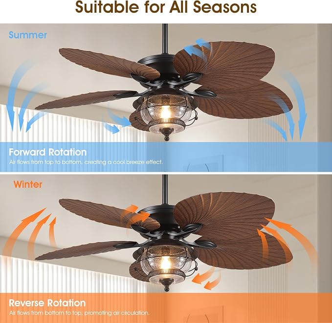 52 Inch Tropical Ceiling Fans with Lights and Remote, Palm Leaf Waterproof Outdoor Ceiling Fan for Patios Porches Gazebos