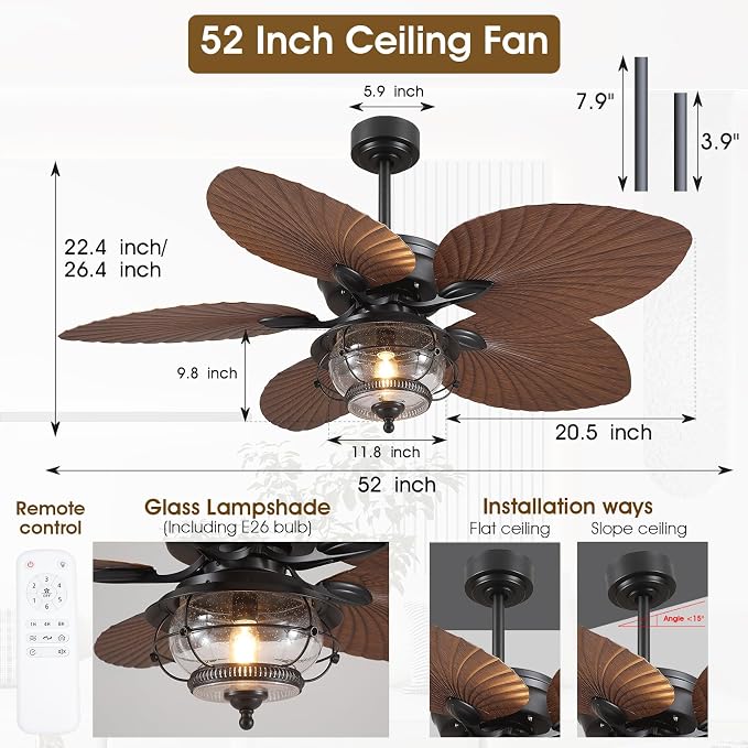 52 Inch Tropical Ceiling Fans with Lights and Remote, Palm Leaf Waterproof Outdoor Ceiling Fan for Patios Porches Gazebos