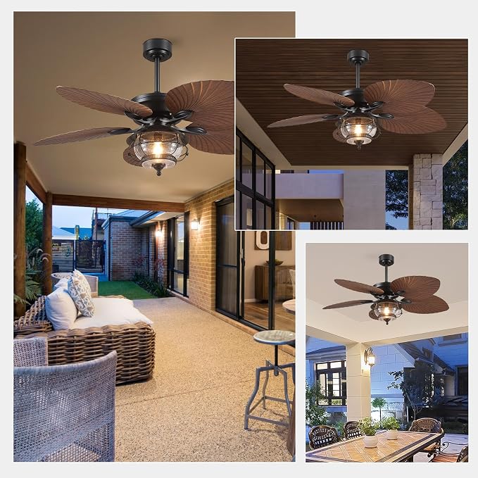52 Inch Tropical Ceiling Fans with Lights and Remote, Palm Leaf Waterproof Outdoor Ceiling Fan for Patios Porches Gazebos