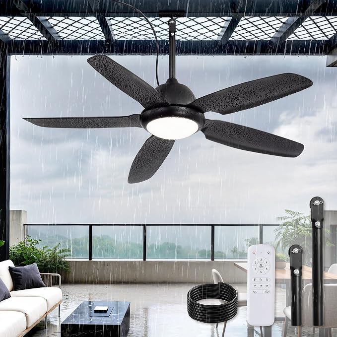 52 Inch Waterproof Outdoor Ceiling Fan with Lights and Remote,IP65 Hanging Gazebo Fan with 3CCT 6-Speed DC Motor,Black Wet