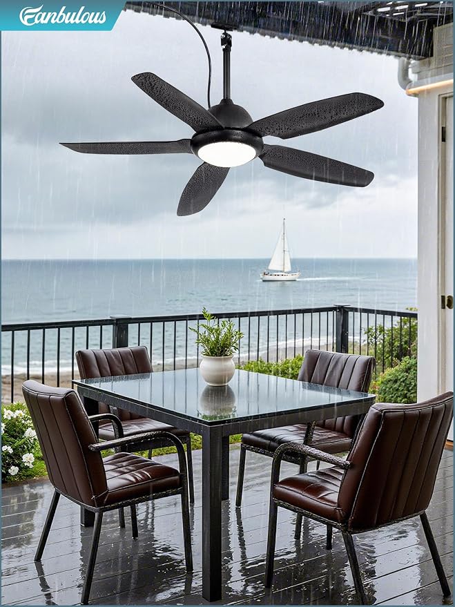 52 Inch Waterproof Outdoor Ceiling Fan with Lights and Remote,IP65 Hanging Gazebo Fan with 3CCT 6-Speed DC Motor,Black Wet