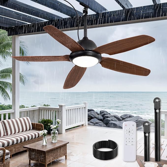 52 Inch Wet Rated Outdoor Ceiling Fan with Lights and Remote,IP65 Hanging Gazebo Fan with 3CCT 6-Speed DC Motor,Brown