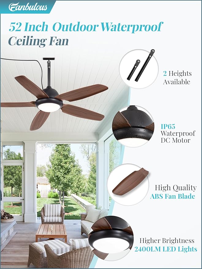 52 Inch Wet Rated Outdoor Ceiling Fan with Lights and Remote,IP65 Hanging Gazebo Fan with 3CCT 6-Speed DC Motor,Brown