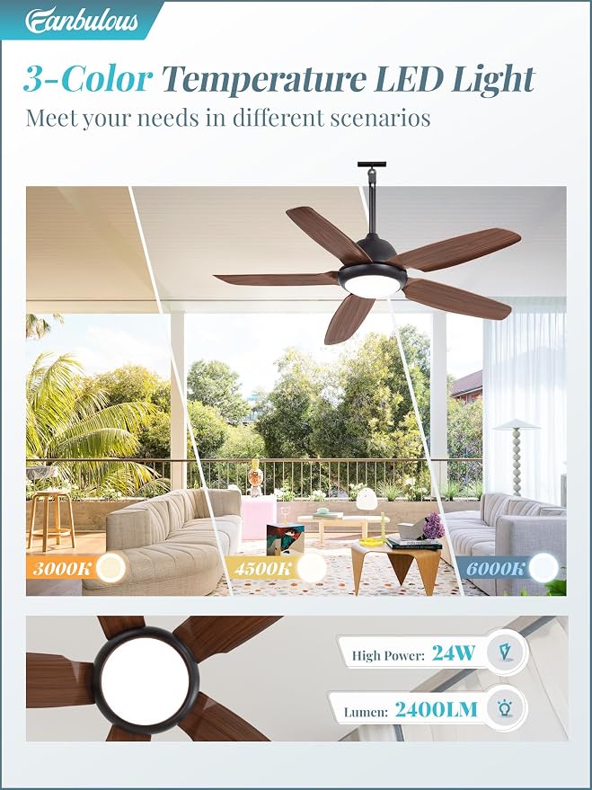 52 Inch Wet Rated Outdoor Ceiling Fan with Lights and Remote,IP65 Hanging Gazebo Fan with 3CCT 6-Speed DC Motor,Brown