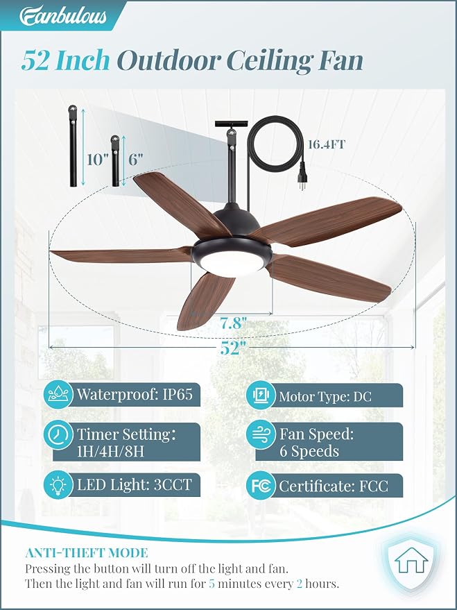 52 Inch Wet Rated Outdoor Ceiling Fan with Lights and Remote,IP65 Hanging Gazebo Fan with 3CCT 6-Speed DC Motor,Brown