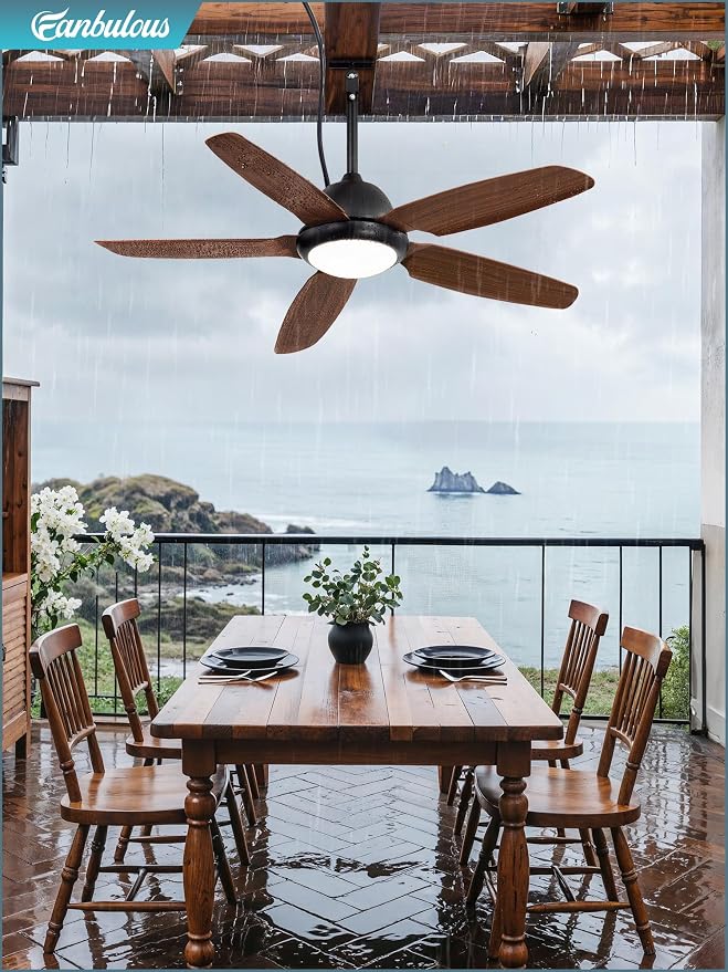 52 Inch Wet Rated Outdoor Ceiling Fan with Lights and Remote,IP65 Hanging Gazebo Fan with 3CCT 6-Speed DC Motor,Brown