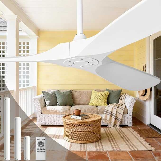 52 Inch White Ceiling Fan No Light, 3 Blade Wood Outdoor Ceiling Fans for Patios Gazebo Porch Living Room, Reversible Modern