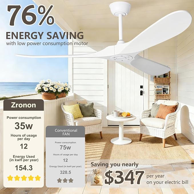 52 Inch White Ceiling Fan No Light, 3 Blade Wood Outdoor Ceiling Fans for Patios Gazebo Porch Living Room, Reversible Modern
