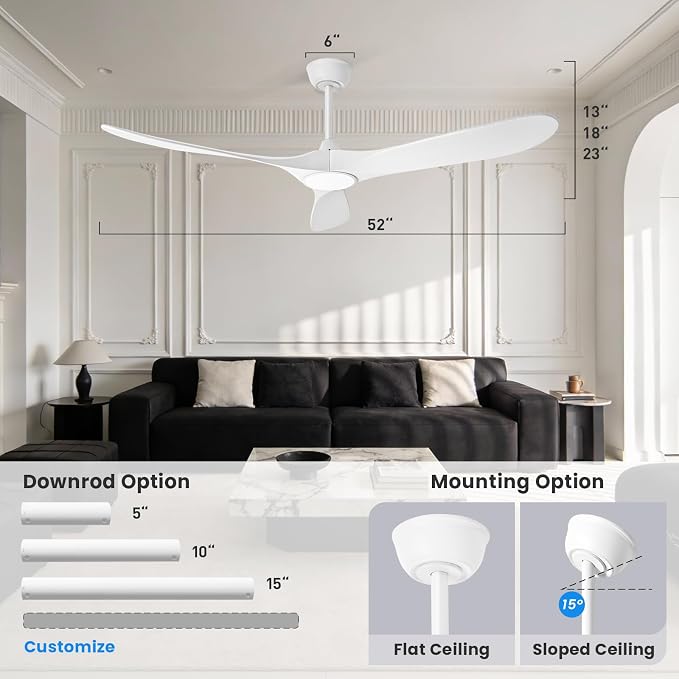 52 Inch White Ceiling Fan with Light and Remote, Wood Outdoor Ceiling Fans with Lights Dimmable for Bedroom, alternate view 5