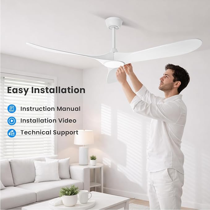 52 Inch White Ceiling Fan with Light and Remote, Wood Outdoor Ceiling Fans with Lights Dimmable for Bedroom, alternate view 7