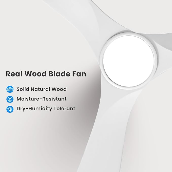 52 Inch White Ceiling Fan with Light and Remote, Wood Outdoor Ceiling Fans with Lights Dimmable for Bedroom, alternate view 8