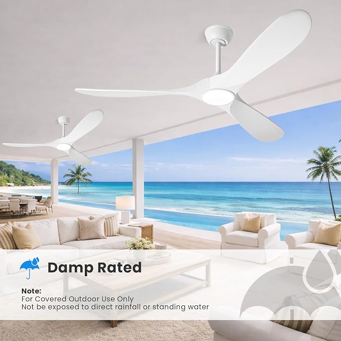 52 Inch White Ceiling Fan with Light and Remote, Wood Outdoor Ceiling Fans with Lights Dimmable for Bedroom, alternate view 9