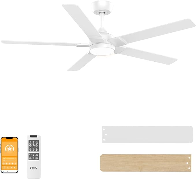 52 inch White Ceiling Fans with Lights,5 Blades,6CCT, Low Profile,Remote Control,for Bedroom, Kitchen,Living