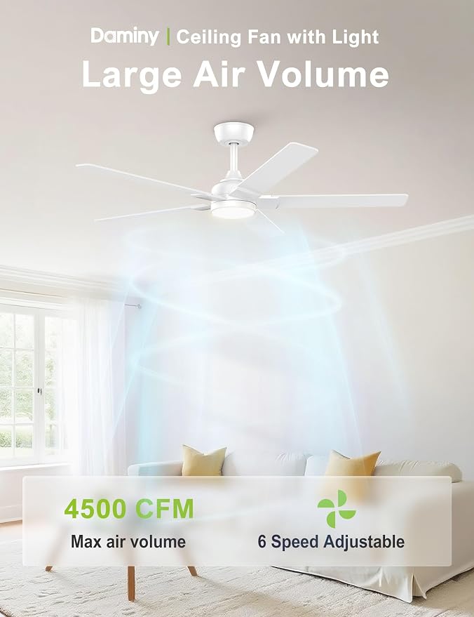 52 inch White Ceiling Fans with Lights,5 Blades,6CCT, Low Profile,Remote Control,for Bedroom, Kitchen,Living