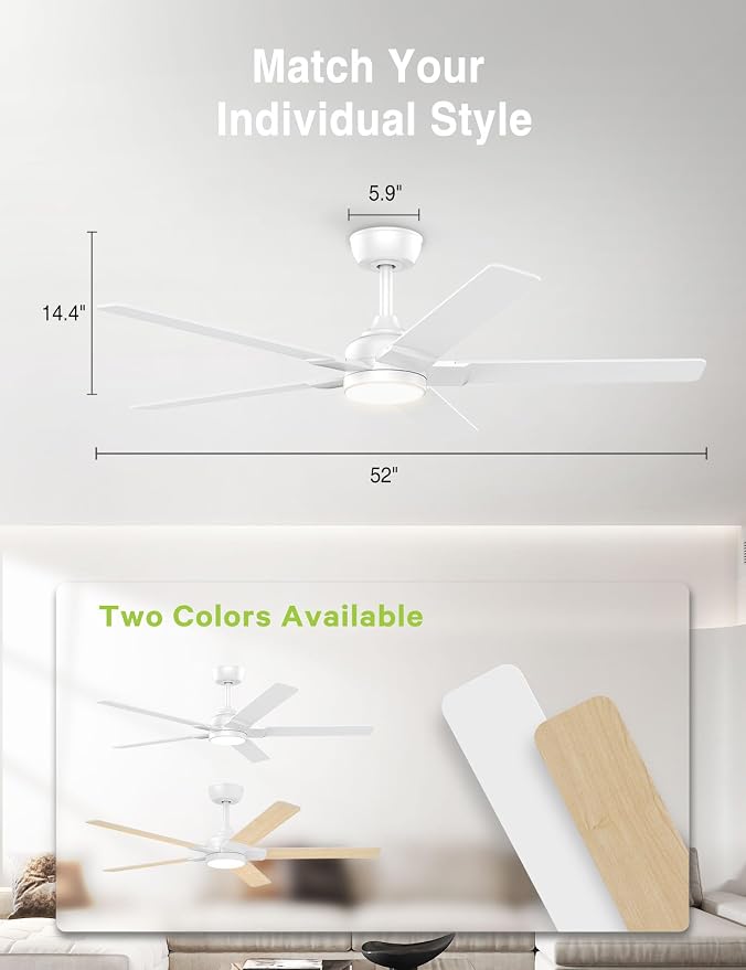 52 inch White Ceiling Fans with Lights,5 Blades,6CCT, Low Profile,Remote Control,for Bedroom, Kitchen,Living