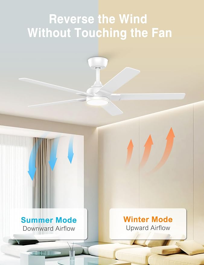 52 inch White Ceiling Fans with Lights,5 Blades,6CCT, Low Profile,Remote Control,for Bedroom, Kitchen,Living