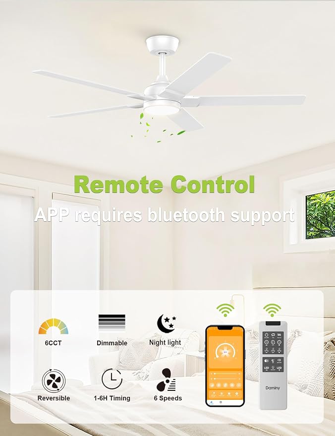 52 inch White Ceiling Fans with Lights,5 Blades,6CCT, Low Profile,Remote Control,for Bedroom, Kitchen,Living