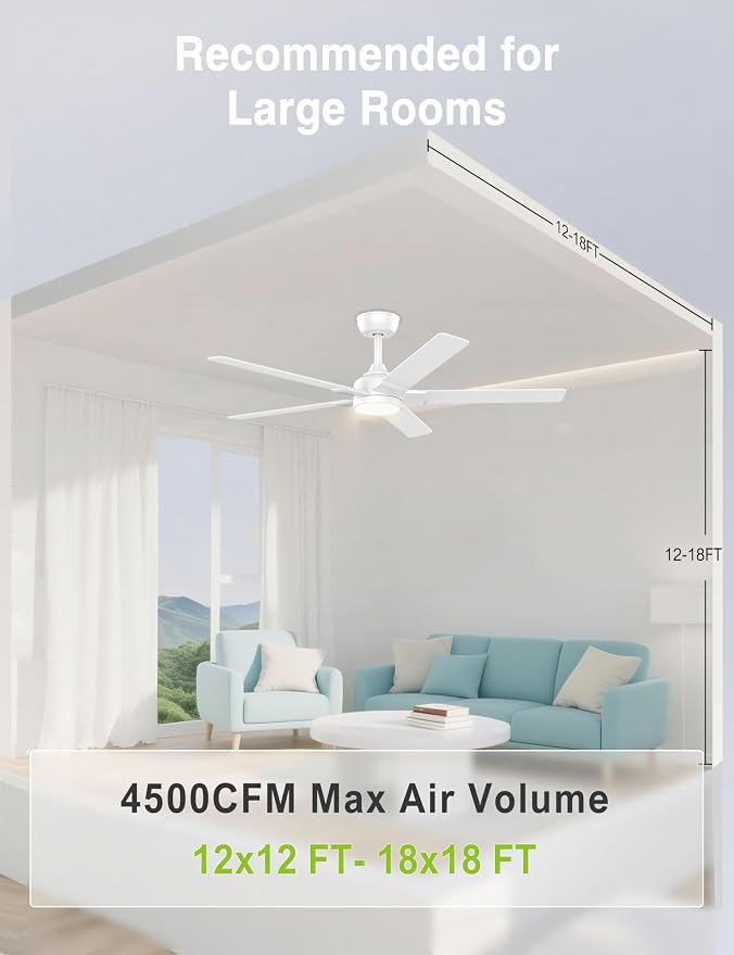 52 inch White Ceiling Fans with Lights,5 Blades,6CCT, Low Profile,Remote Control,for Bedroom, Kitchen,Living