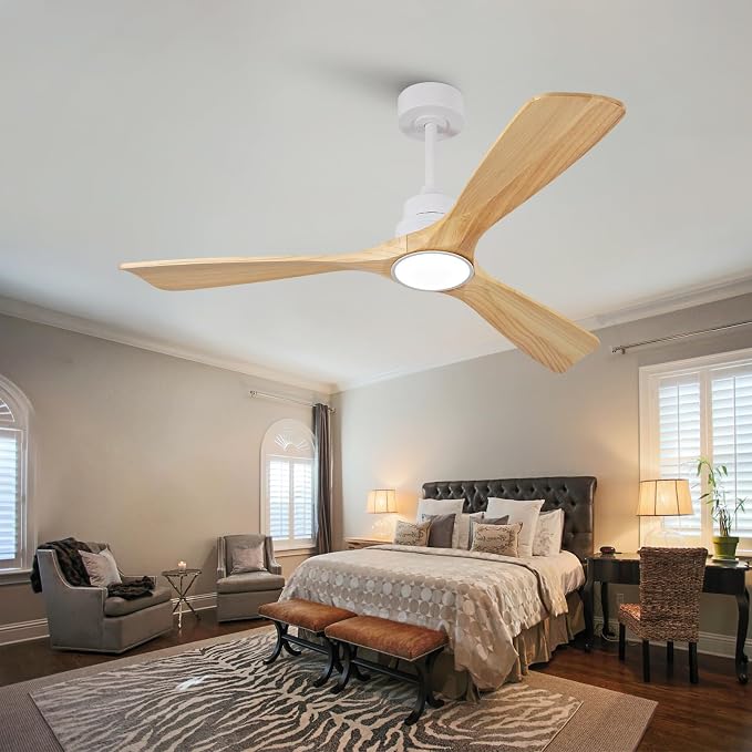 52 Inch White Ceiling Fans with Lights and Remote, 3 Blade Wood Outdoor Ceiling Fan with Light Outdoor Ceiling Fans for
