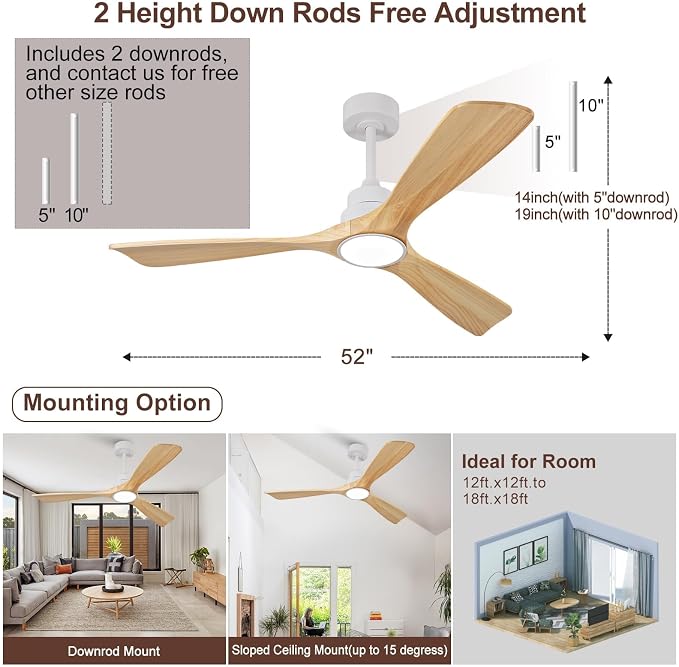 52 Inch White Ceiling Fans with Lights and Remote, 3 Blade Wood Outdoor Ceiling Fan with Light Outdoor Ceiling Fans for