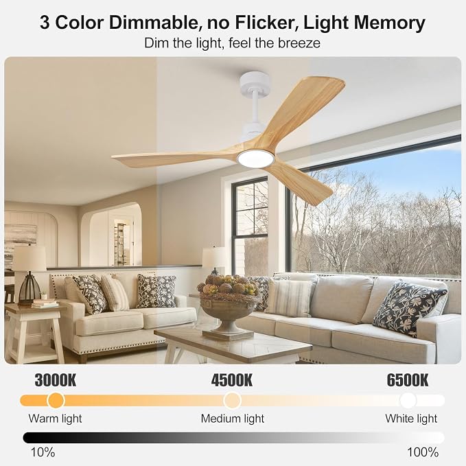 52 Inch White Ceiling Fans with Lights and Remote, 3 Blade Wood Outdoor Ceiling Fan with Light Outdoor Ceiling Fans for