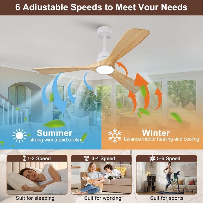 52 Inch White Ceiling Fans with Lights and Remote, 3 Blade Wood Outdoor Ceiling Fan with Light Outdoor Ceiling Fans for
