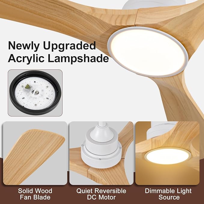 52 Inch White Ceiling Fans with Lights and Remote, 3 Blade Wood Outdoor Ceiling Fan with Light Outdoor Ceiling Fans for