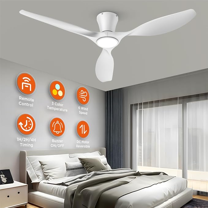 52 Inch White Ceiling Fans with Lights Led Remote Control Flush Mount Low Profile for Bedroom Farmhouse Patio, alternate view