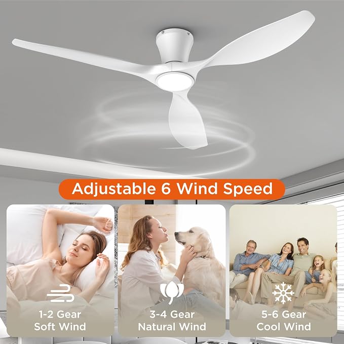52 Inch White Ceiling Fans with Lights Led Remote Control Flush Mount Low Profile for Bedroom Farmhouse Patio, alternate view