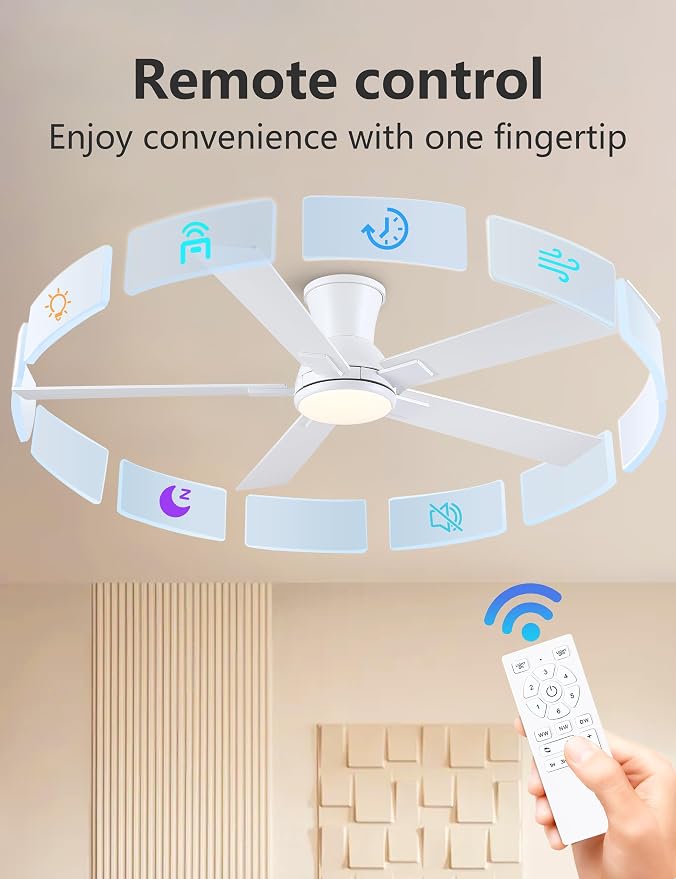52 Inch White Flush Mount Ceiling Fan with Light, 3CCT Dimmable LED, 6-Speed Remote Control, Reversible Motor,Quiet Low