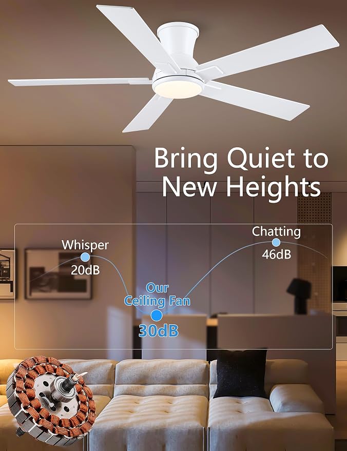 52 Inch White Flush Mount Ceiling Fan with Light, 3CCT Dimmable LED, 6-Speed Remote Control, Reversible Motor,Quiet Low