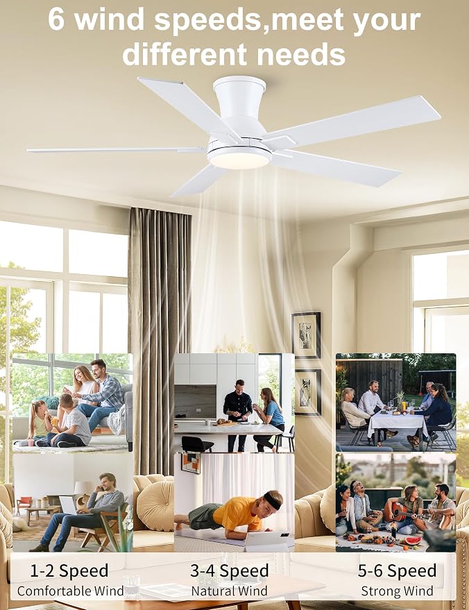 52 Inch White Flush Mount Ceiling Fan with Light, 3CCT Dimmable LED, 6-Speed Remote Control, Reversible Motor,Quiet Low