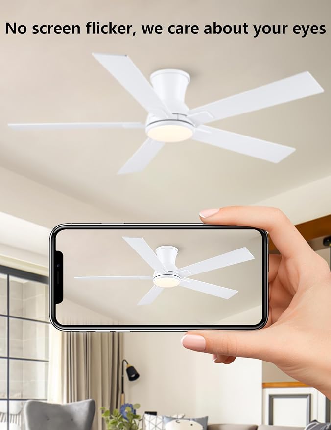 52 Inch White Flush Mount Ceiling Fan with Light, 3CCT Dimmable LED, 6-Speed Remote Control, Reversible Motor,Quiet Low