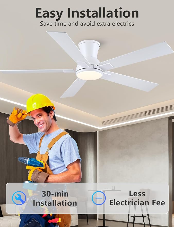 52 Inch White Flush Mount Ceiling Fan with Light, 3CCT Dimmable LED, 6-Speed Remote Control, Reversible Motor,Quiet Low