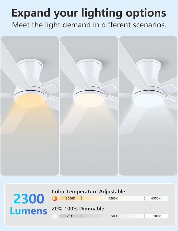52 Inch White Flush Mount Ceiling Fan with Light, 3CCT Dimmable LED, 6-Speed Remote Control, Reversible Motor,Quiet Low