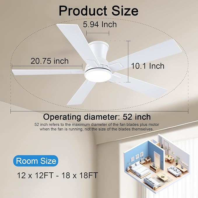 52 Inch White Flush Mount Ceiling Fan with Light, 3CCT Dimmable LED, 6-Speed Remote Control, Reversible Motor,Quiet Low