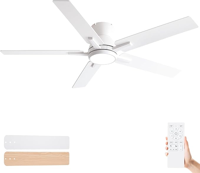 52 Inch White Flush Mount Ceiling Fans with Lights and Remote, White Low Profile Ceiling Fan for Bedroom Living Room