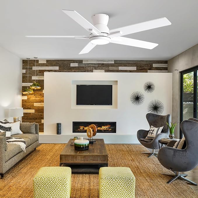 52 Inch White Flush Mount Ceiling Fans with Lights and Remote, White Low Profile Ceiling Fan for Bedroom Living Room