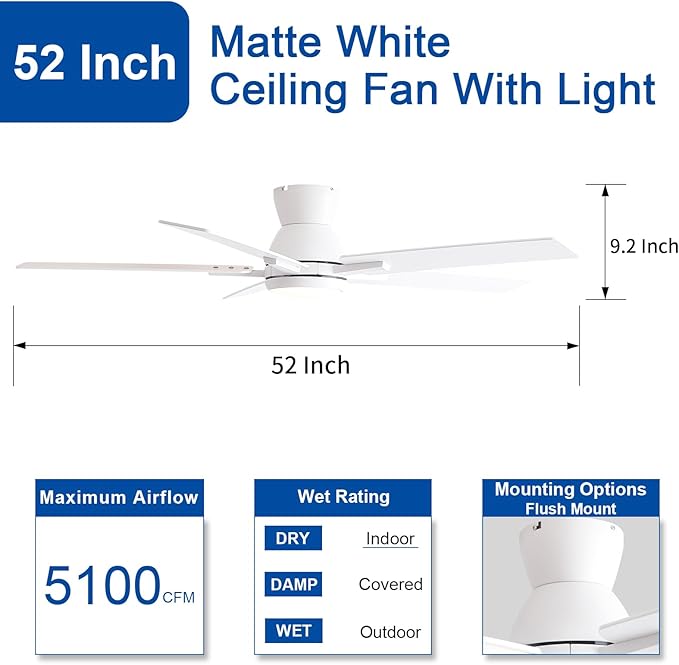 52 Inch White Flush Mount Ceiling Fans with Lights and Remote, White Low Profile Ceiling Fan for Bedroom Living Room