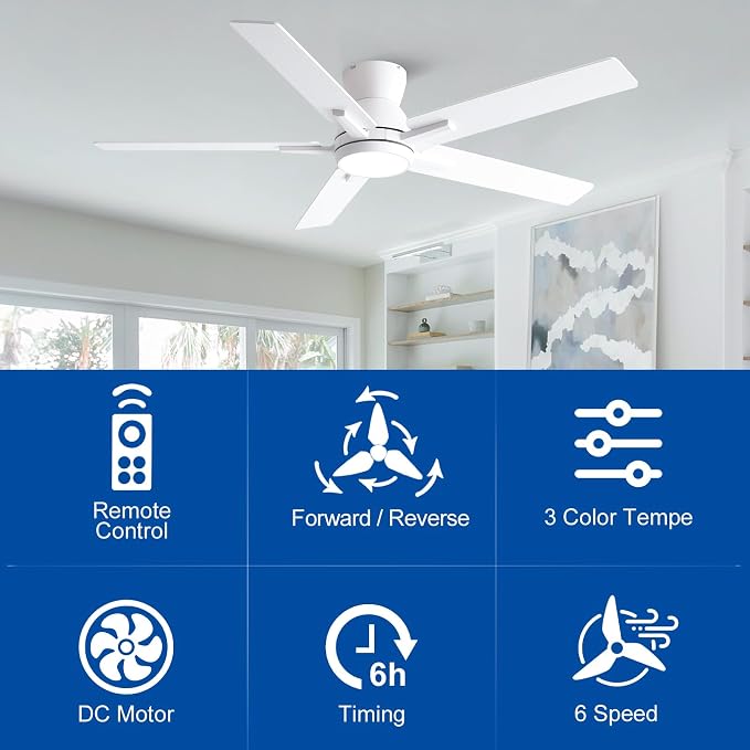 52 Inch White Flush Mount Ceiling Fans with Lights and Remote, White Low Profile Ceiling Fan for Bedroom Living Room