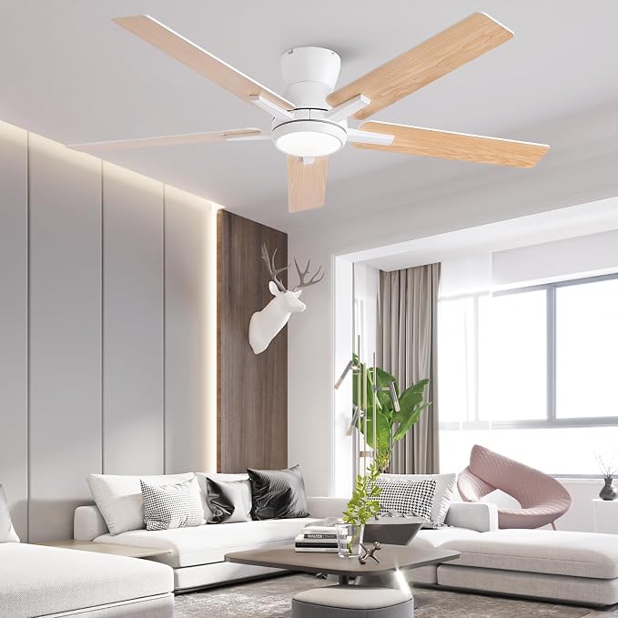 52 Inch White Flush Mount Ceiling Fans with Lights and Remote, White Low Profile Ceiling Fan for Bedroom Living Room
