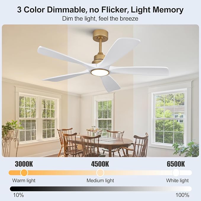 52 Inch White Gold Ceiling Fans with Lights and Remote, 5 Blade Wood Outdoor Ceiling Fan with Light for Patio, alternate view