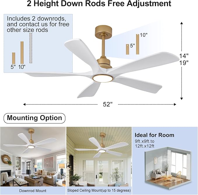 52 Inch White Gold Ceiling Fans with Lights and Remote, 5 Blade Wood Outdoor Ceiling Fan with Light for Patio, alternate view