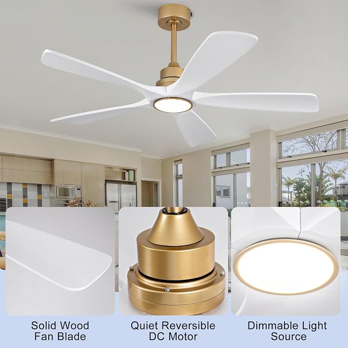 52 Inch White Gold Ceiling Fans with Lights and Remote, 5 Blade Wood Outdoor Ceiling Fan with Light for Patio, alternate view